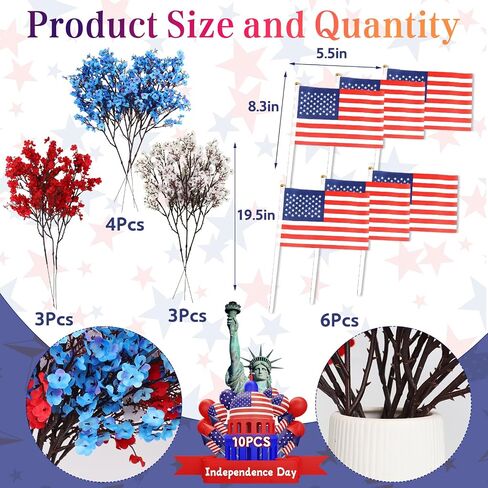 10 Pcs 4th of July Artificial Babys Breath Flowers, 6 Pcs Small American Flags, Red White and Blue Patriotic Fake Silk Flowers for Independence Day Home Decor Floral Arrangement Table Centerpieces in Saudi Arabia