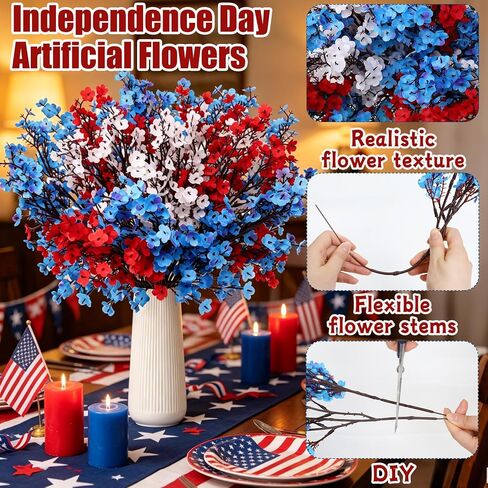 10 Pcs 4th of July Artificial Babys Breath Flowers, 6 Pcs Small American Flags, Red White and Blue Patriotic Fake Silk Flowers for Independence Day Home Decor Floral Arrangement Table Centerpieces in Saudi Arabia