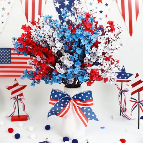 10 Pcs 4th of July Artificial Babys Breath Flowers, 6 Pcs Small American Flags, Red White and Blue Patriotic Fake Silk Flowers for Independence Day Home Decor Floral Arrangement Table Centerpieces in Saudi Arabia