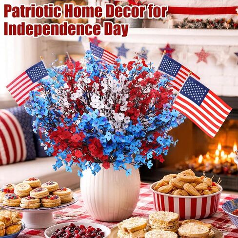 10 Pcs 4th of July Artificial Babys Breath Flowers, 6 Pcs Small American Flags, Red White and Blue Patriotic Fake Silk Flowers for Independence Day Home Decor Floral Arrangement Table Centerpieces in Saudi Arabia
