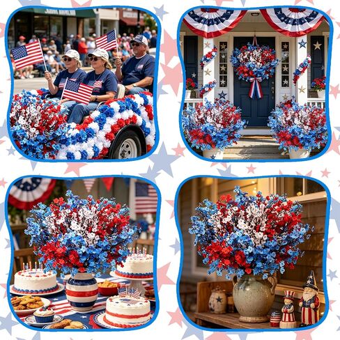 10 Pcs 4th of July Artificial Babys Breath Flowers, 6 Pcs Small American Flags, Red White and Blue Patriotic Fake Silk Flowers for Independence Day Home Decor Floral Arrangement Table Centerpieces in Saudi Arabia