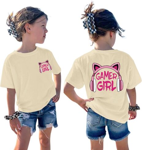 Girl's Cute Graphic Tees Gamer Girl Printed Shirt Kawaii Cotton Crew Neck T Shirts Casual Summer Short Sleeve Tops in Saudi Arabia