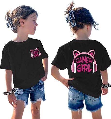 تي شيرت بناتي لطيف بجرافيك Gamer Girl قميص مطبوع Kawaii قطن برقبة دائرية تي شيرت صيفي كاجوال بأكمام قصيرة in Kuwait