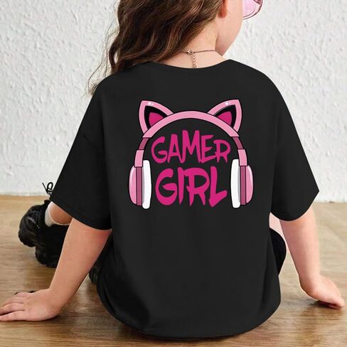 تي شيرت بناتي لطيف بجرافيك Gamer Girl قميص مطبوع Kawaii قطن برقبة دائرية تي شيرت صيفي كاجوال بأكمام قصيرة in Kuwait