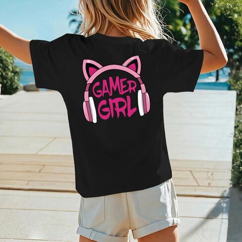 تي شيرت بناتي لطيف بجرافيك Gamer Girl قميص مطبوع Kawaii قطن برقبة دائرية تي شيرت صيفي كاجوال بأكمام قصيرة in Kuwait