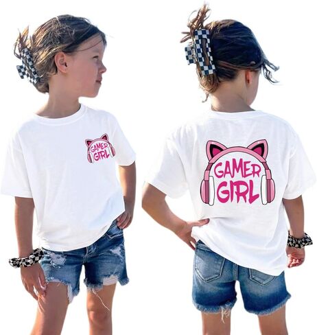 تي شيرت بناتي لطيف بجرافيك Gamer Girl قميص مطبوع Kawaii قطن برقبة دائرية تي شيرت صيفي كاجوال بأكمام قصيرة in Kuwait