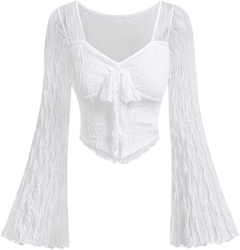 SOLY HUX Girl's Mesh Long Sleeve Top Lace Bow Tie Front Fitted Cropped T Shirts Coquette Clothes in Kuwait