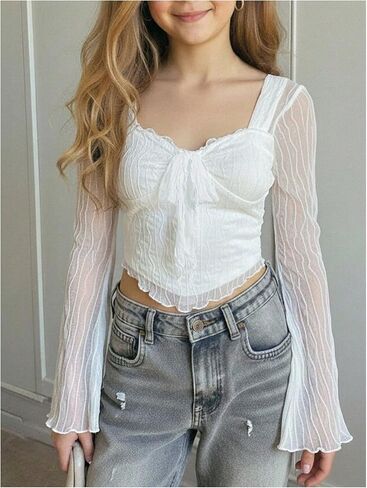 SOLY HUX Girl's Mesh Long Sleeve Top Lace Bow Tie Front Fitted Cropped T Shirts Coquette Clothes in Kuwait