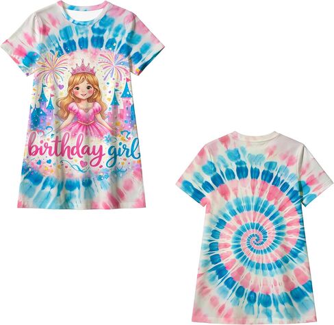 Girls Birthday Tie Dye Short Sleeve Dress Summer Crewneck T-Shirt Dress for Birthday Girl in Saudi Arabia