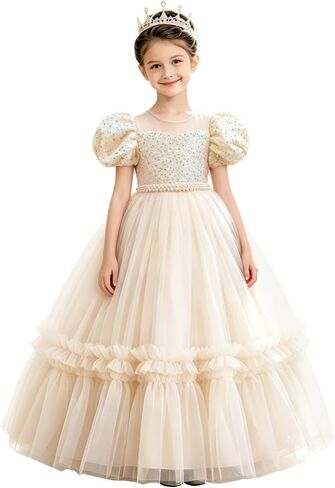 Girls Puff Sleeve Flower Girl Dress Sequin Tulle Princess Dresses Pearl Belt Wedding Party Birthday Ball Gown in Saudi Arabia