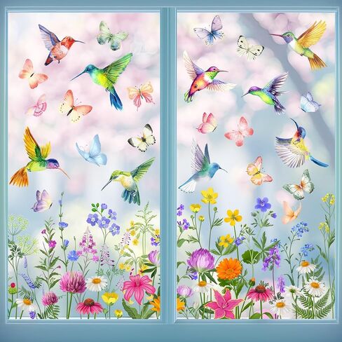 Traplace Spring Window Clings - Spring Decorations Watercolor Flower, Butterfly, Hummingbirds Window Clings Reusable Removable for Glass Windows Living Room Nursery Room Home in Saudi Arabia