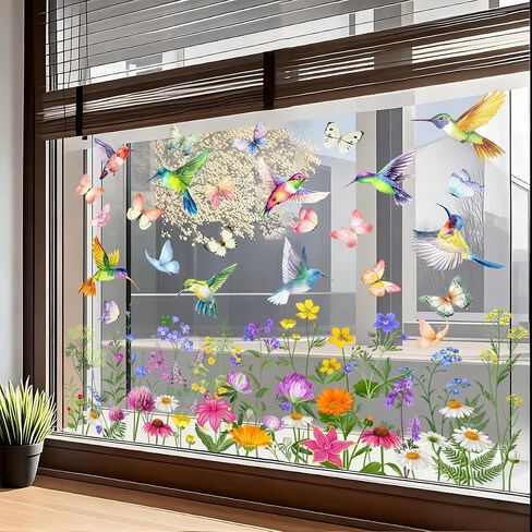 Traplace Spring Window Clings - Spring Decorations Watercolor Flower, Butterfly, Hummingbirds Window Clings Reusable Removable for Glass Windows Living Room Nursery Room Home in Saudi Arabia