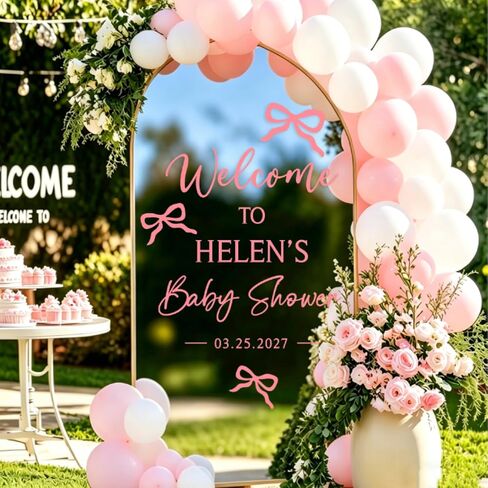 JarThenaAMCS 7Pcs Bow Baby Shower Mirror Decals Welcome Sign DIY Name Date Removable Letter Vinyl Wall Stickers for Baby Girl Shower Reception Decoration, Pink in Kuwait