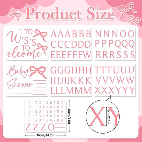 JarThenaAMCS 7Pcs Bow Baby Shower Mirror Decals Welcome Sign DIY Name Date Removable Letter Vinyl Wall Stickers for Baby Girl Shower Reception Decoration, Pink in Kuwait
