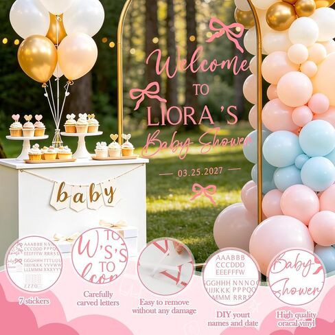JarThenaAMCS 7Pcs Bow Baby Shower Mirror Decals Welcome Sign DIY Name Date Removable Letter Vinyl Wall Stickers for Baby Girl Shower Reception Decoration, Pink in Kuwait
