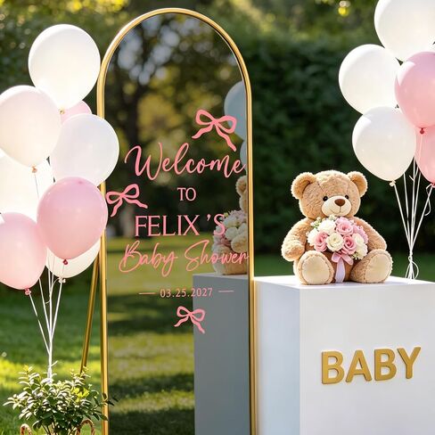 JarThenaAMCS 7Pcs Bow Baby Shower Mirror Decals Welcome Sign DIY Name Date Removable Letter Vinyl Wall Stickers for Baby Girl Shower Reception Decoration, Pink in Kuwait