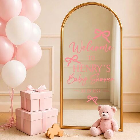 JarThenaAMCS 7Pcs Bow Baby Shower Mirror Decals Welcome Sign DIY Name Date Removable Letter Vinyl Wall Stickers for Baby Girl Shower Reception Decoration, Pink in Kuwait