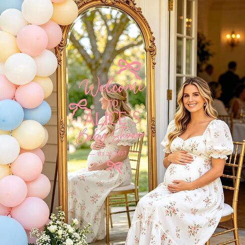 JarThenaAMCS 7Pcs Bow Baby Shower Mirror Decals Welcome Sign DIY Name Date Removable Letter Vinyl Wall Stickers for Baby Girl Shower Reception Decoration, Pink in Kuwait