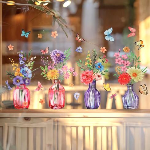 Potted Flower Window Sticker, Large Double Sided Spring Summer Flowers Window Clings Pre Cut Floral in Jars WindowStickers with Butterflies Wildflower Grass Decals for Home Door Office Decor in Saudi Arabia