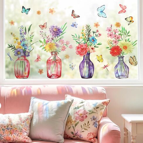 Potted Flower Window Sticker, Large Double Sided Spring Summer Flowers Window Clings Pre Cut Floral in Jars WindowStickers with Butterflies Wildflower Grass Decals for Home Door Office Decor in Saudi Arabia