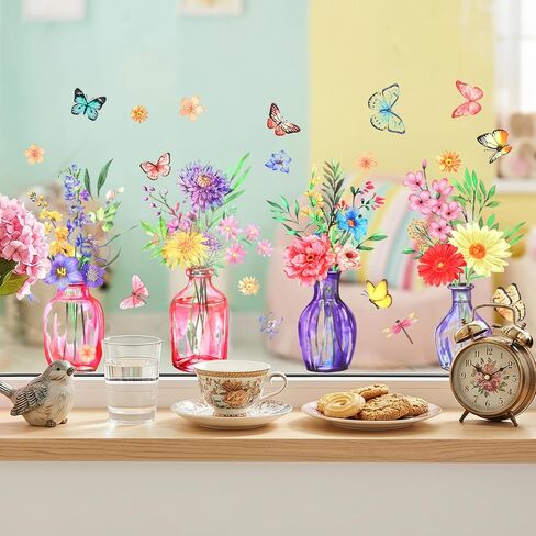 Potted Flower Window Sticker, Large Double Sided Spring Summer Flowers Window Clings Pre Cut Floral in Jars WindowStickers with Butterflies Wildflower Grass Decals for Home Door Office Decor in Saudi Arabia