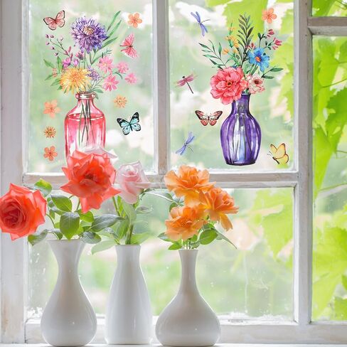 Potted Flower Window Sticker, Large Double Sided Spring Summer Flowers Window Clings Pre Cut Floral in Jars WindowStickers with Butterflies Wildflower Grass Decals for Home Door Office Decor in Saudi Arabia