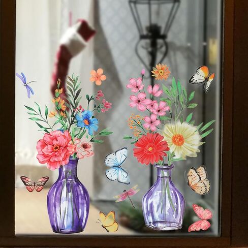Potted Flower Window Sticker, Large Double Sided Spring Summer Flowers Window Clings Pre Cut Floral in Jars WindowStickers with Butterflies Wildflower Grass Decals for Home Door Office Decor in Saudi Arabia