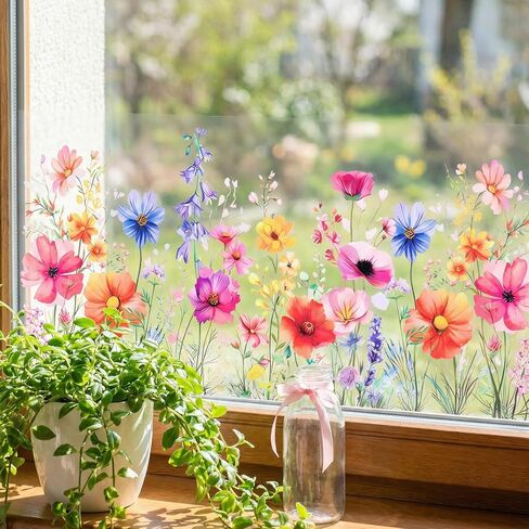 Flower Garden Window Stickers, Flower Window Clings for Glass Wildflower Grass Door Decals Lily Peony Poppy Floral Film or Glass Windows Cut Freely Floral Windows Stickers for Home Office Decor in Kuwait