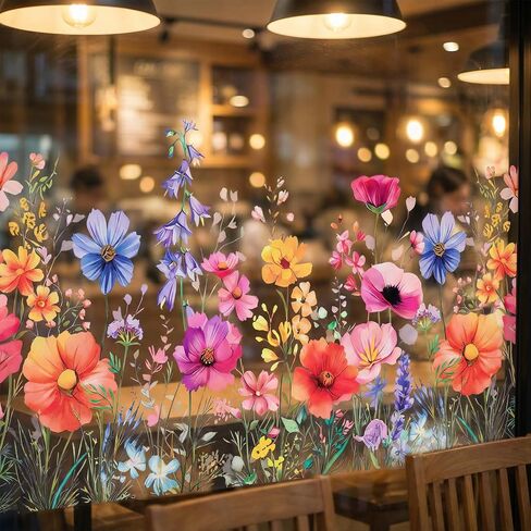 Flower Garden Window Stickers, Flower Window Clings for Glass Wildflower Grass Door Decals Lily Peony Poppy Floral Film or Glass Windows Cut Freely Floral Windows Stickers for Home Office Decor in Kuwait