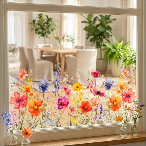 Flower Garden Window Stickers, Flower Window Clings for Glass Wildflower Grass Door Decals Lily Peony Poppy Floral Film or Glass Windows Cut Freely Floral Windows Stickers for Home Office Decor in Kuwait