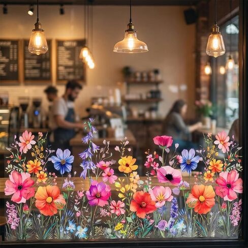Flower Garden Window Stickers, Flower Window Clings for Glass Wildflower Grass Door Decals Lily Peony Poppy Floral Film or Glass Windows Cut Freely Floral Windows Stickers for Home Office Decor in Kuwait