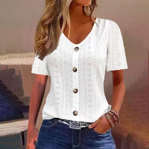 Womens V Neck Blouse Short Sleeve Button Front Casual Summer Top in Kuwait