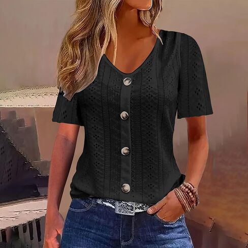 Womens V Neck Blouse Short Sleeve Button Front Casual Summer Top in Kuwait