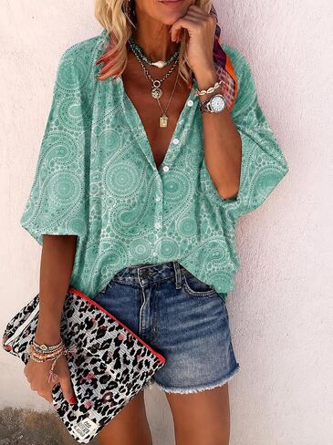 قميص Boho Vintage Floral للنساء، قميص نسائي عتيق بطبعة زهور عرقية 3/4 كم، قميص كاجوال برقبة دائرية in Kuwait