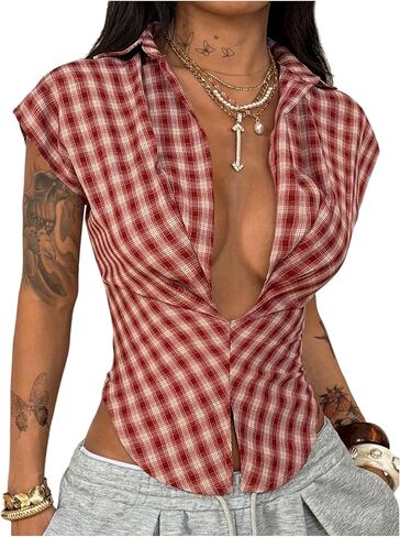 Milumia Women's Plaid Deep V Neck Collared Blouse Cap Sleeve Asymmetrical Sexy Going Out Tops in Kuwait