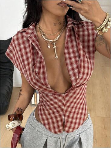 Milumia Women's Plaid Deep V Neck Collared Blouse Cap Sleeve Asymmetrical Sexy Going Out Tops in Kuwait