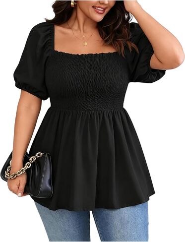 SOLY HUX Women's Plus Size Square Neck Peplum Blouse Short Sleeve Smocked Shirt Babydoll Tops in Kuwait