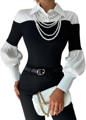 UOOZEE Women's Chic Black White Contrast Long Sleeve Shirt Retro Elegant Office Casual Work Top Semi Formal Ribbed Knit Shirt in Saudi Arabia