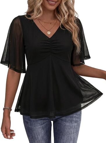 ZABERRY Womens Dressy Casual Shirts Short Sleeve V Neck Work Blouse Business Casual Summer Mesh Tops in Saudi Arabia