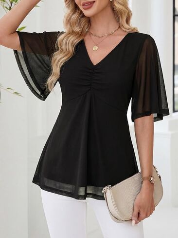 ZABERRY Womens Dressy Casual Shirts Short Sleeve V Neck Work Blouse Business Casual Summer Mesh Tops in Saudi Arabia