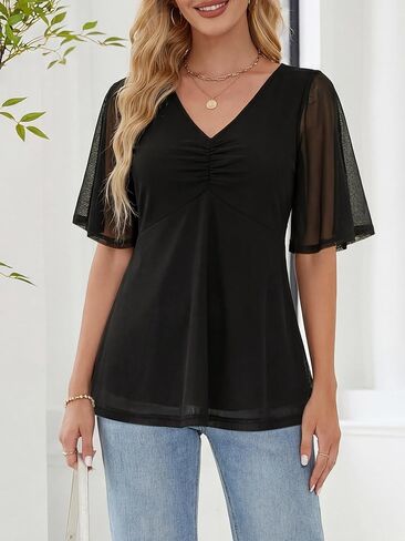 ZABERRY Womens Dressy Casual Shirts Short Sleeve V Neck Work Blouse Business Casual Summer Mesh Tops in Saudi Arabia