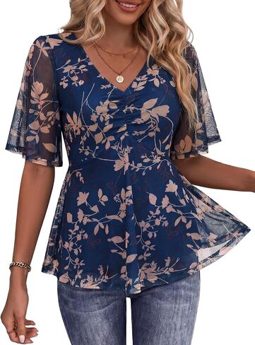 ZABERRY Womens Dressy Casual Shirts Short Sleeve V Neck Work Blouse Business Casual Summer Mesh Tops in Saudi Arabia