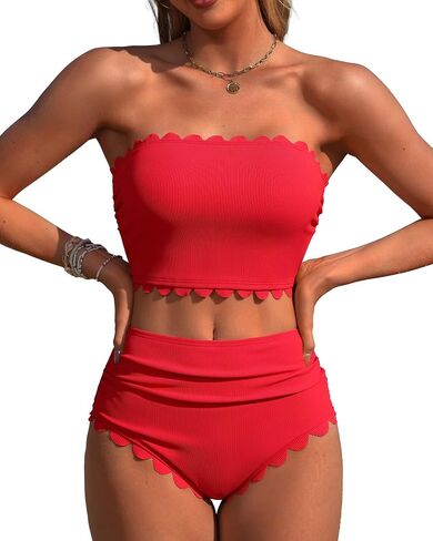Charmo Strapless High Waisted Bikini Sets for Women Tummy Control Scallop Ribbed Bandeau Swimsuit 2026 in Kuwait