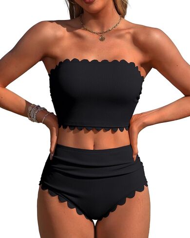 Charmo Strapless High Waisted Bikini Sets for Women Tummy Control Scallop Ribbed Bandeau Swimsuit 2026 in Kuwait