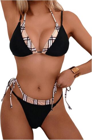 MakeMeChic Women's Plaid Bikini Set Halter Triangle Tie Side Triangle 2 in 1 Bathing Suit in Kuwait