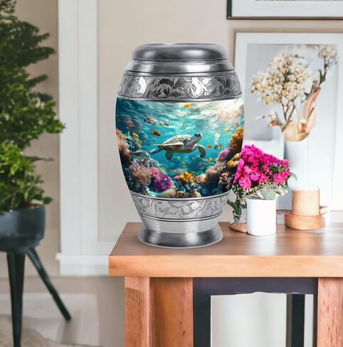 Turtle Urn - Blue Cremation Urns for Human Ashes - Coral Reef Decorative Urn for Ashes for Women & Men - Funeral Cremation Large Urns for Adult Female & Male 10 Inch in Saudi Arabia