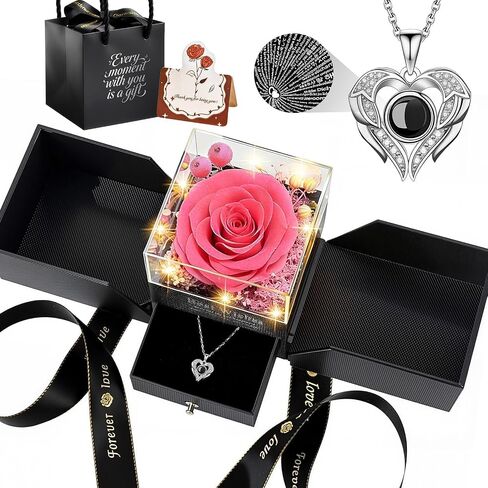TranquilBliss Gifts for Women, Preserved Real Red Rose Gift Box with Heart Necklace, “I Love You" in 100 Languages, Romantic Birthday for Her, Wife or Girlfriend in Saudi Arabia