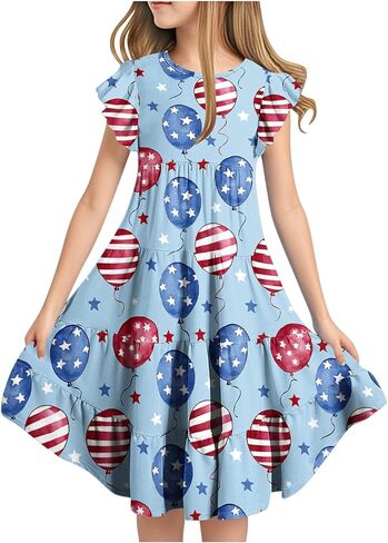 Girls Summer Dresses Double Layer Flutter Sleeve Flowy A-Line Sundress Casual Gradient Midi Dresses for 6-15 Years in Saudi Arabia