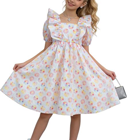 Girls Dress Florals Print Tiered Sleeve Swing Dresses, Boho Summer Outfit for Daily Wear in Saudi Arabia