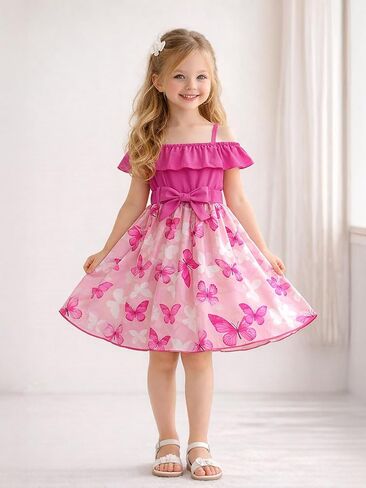 Girls Off Shoulder Butterfly Dress, Kids Pink Ruffle Sleeve Summer Dress with Bow in Kuwait